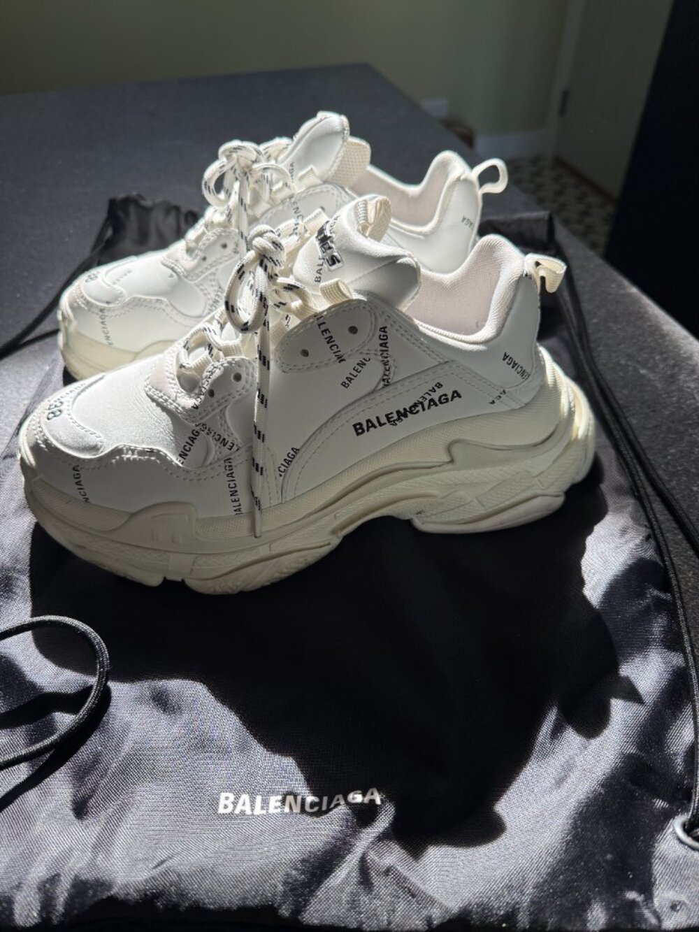 Balenciaga WOMEN'S TRIPLE S SNEAKER ALLOVER LOGO IN WHITE/BLACK